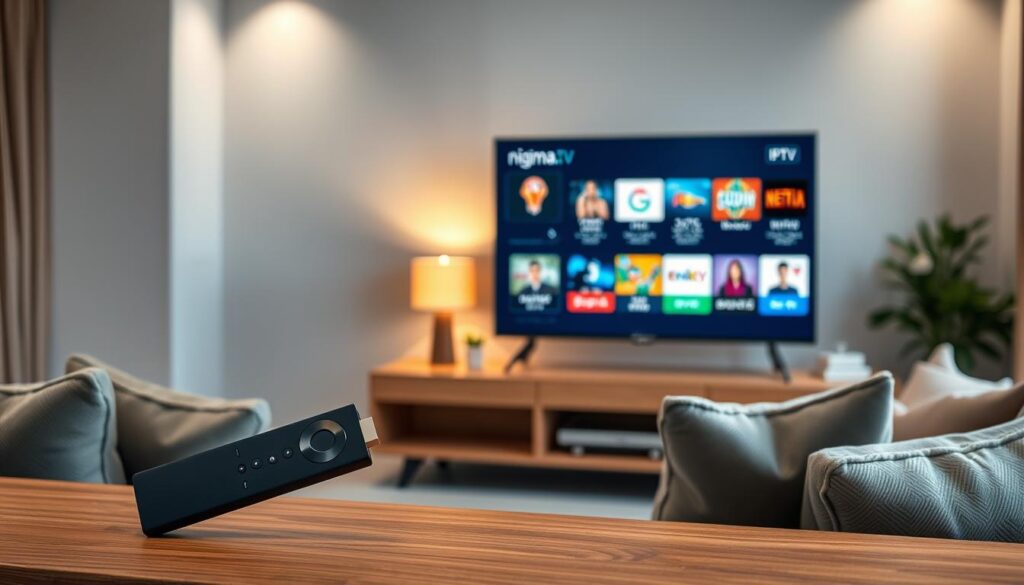 A captivating and modern living room scene, showcasing a sleek Fire Stick device prominently displayed on a stylish wooden media console. In the foreground, a high-definition TV screen shows the nigma.tv interface, featuring an array of colorful IPTV channel options. A cozy couch with neatly arranged cushions faces the TV, inviting viewers to relax. In the middle ground, soft, ambient lighting creates a warm atmosphere, with a tasteful lamp illuminating the space. In the background, minimalistic decor enhances the room's elegance. The image should convey a sense of comfort and accessibility, emphasizing cost-effectiveness and subscription flexibility in a contemporary setting, without any text or branding elements.