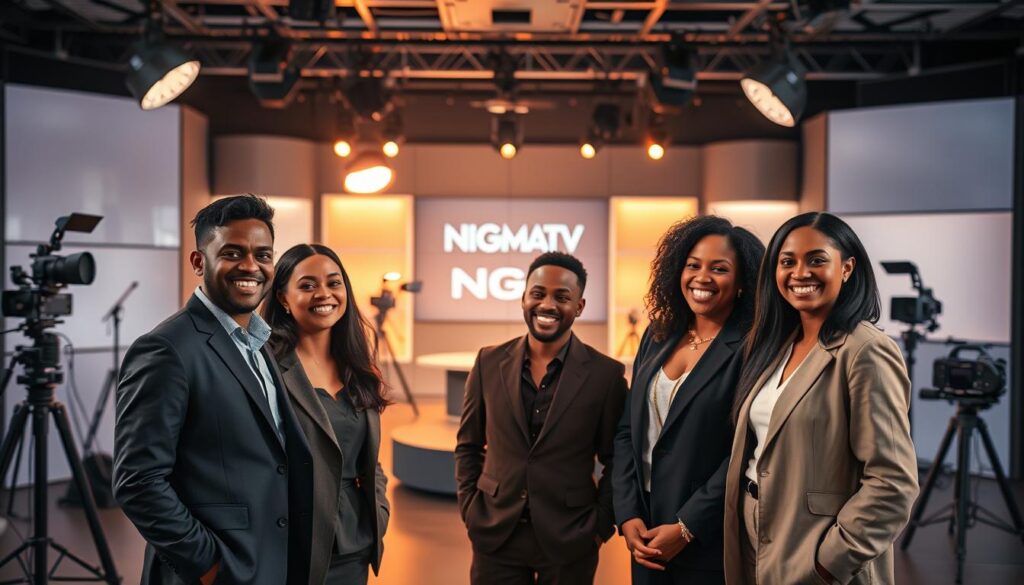 A captivating composition featuring the cast of NIGMATV in a professional setting. In the foreground, a diverse group of five individuals is positioned, all dressed in stylish business attire, showcasing a blend of modern and classic styles. They are smiling and engaged in discussion, reflecting teamwork and collaboration. In the middle ground, a well-lit studio environment is visible, enhanced by warm, soft artificial lighting that creates an inviting atmosphere. Subtle details like production equipment, cameras, and lighting setups are seen, indicative of a high-quality production. The background showcases a sleek set with the NIGMATV logo prominently displayed, adding a cohesive branding element. The overall mood is professional and vibrant, perfect for illustrating the dynamics of the NIGMATV cast and production quality.