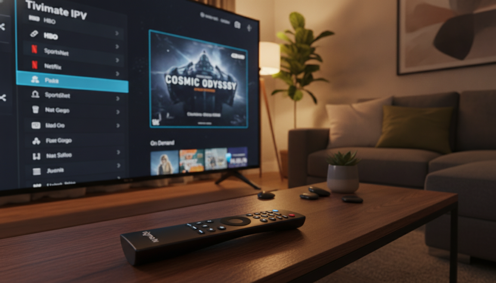 A close-up view of a modern television screen displaying the Tivimate IPTV interface, featuring vibrant on-screen menus and streaming options. The foreground focuses on a sleek remote control resting on a stylish coffee table, inviting interaction. In the middle, the TV prominently shows the elegant and user-friendly Tivimate interface, showcasing channel lists and a featured movie. The background features a cozy living room setting with soft, warm lighting that creates an inviting atmosphere. A plush sofa and decorative plants complement the scene, while the brand name "nigma tv" is subtly embossed on the side of the remote. The angle emphasizes depth, offering a perspective that draws viewers into the world of streaming and entertainment, evoking a sense of excitement and discovery. A close-up view of a modern television screen displaying the Tivimate IPTV interface, featuring vibrant on-screen menus and streaming options. The foreground focuses on a sleek remote control resting on a stylish coffee table, inviting interaction. In the middle, the TV prominently shows the elegant and user-friendly Tivimate interface, showcasing channel lists and a featured movie. The background features a cozy living room setting with soft, warm lighting that creates an inviting atmosphere. A plush sofa and decorative plants complement the scene, while the brand name "nigma tv" is subtly embossed on the side of the remote. The angle emphasizes depth, offering a perspective that draws viewers into the world of streaming and entertainment, evoking a sense of excitement and discovery.