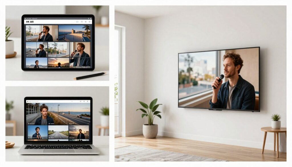A collage of various screens—a tablet, a laptop, and a wall-mounted TV—all playing different high-definition 4K content simultaneously without any lag. The setting is a bright, modern studio apartment.