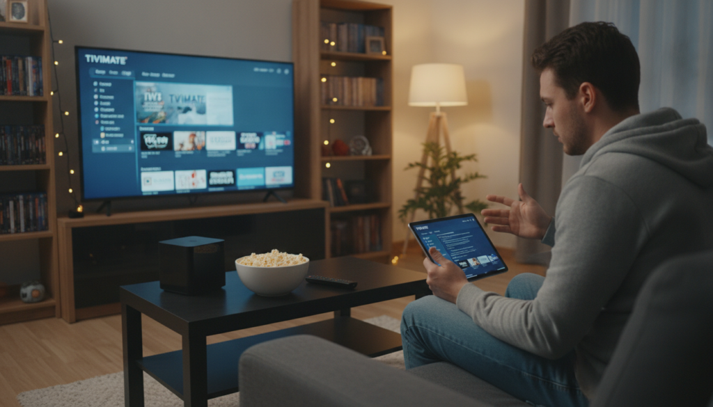 A cozy living room scene featuring a modern coffee table with a sleek Fire TV device prominently displaying the Tivimate interface on a large flat-screen TV. In the foreground, a remote control labeled "nigma tv" is placed casually next to a bowl of popcorn. The middle ground shows a comfortable sofa, with a young adult dressed in casual attire, intently troubleshooting the TV interface on a tablet, displaying a focused expression. Soft, warm lighting permeates the room, creating an inviting atmosphere for streaming. In the background, bookshelves filled with DVD collections and a potted plant add depth to the cozy environment. A sense of determination and problem-solving fills the atmosphere. The angle captures a balanced view of the living space, emphasizing the Tivimate user experience.