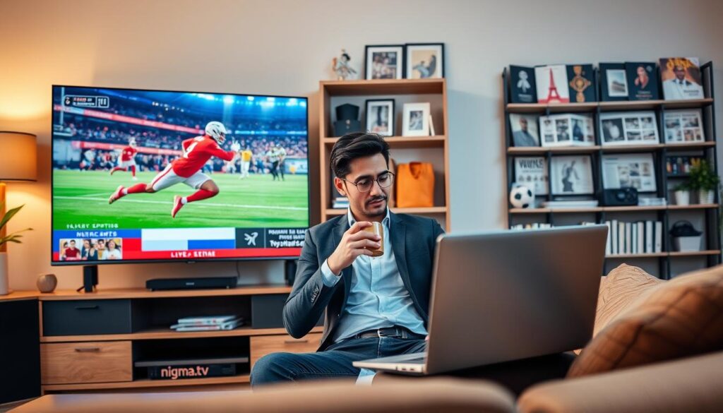 A cozy, modern living room setting serves as the foreground, featuring a sleek flat-screen TV displaying a vibrant live sports game and news broadcast with dynamic action and graphics. In the middle ground, a professional-looking individual in smart casual attire is engaged with a laptop, streaming content while sipping coffee, conveying a sense of focus and enjoyment. The background showcases a stylish bookshelf filled with various sports memorabilia and news articles, adding personality to the space. Soft, warm lighting creates an inviting ambiance, while a wide-angle perspective emphasizes the engaging atmosphere of live streaming. The overall mood is energetic and lively, highlighting the excitement of watching live events through nigma.tv's IPTV services.