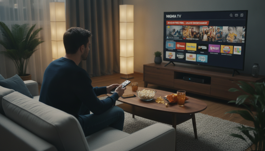 A cozy, modern living room setting showcasing a person testing the NIGMA TV IPTV service on a sleek flat-screen TV, engaging with a variety of channels. In the foreground, the individual, dressed in smart casual attire, holds a remote control with a look of concentration. In the middle ground, a stylish coffee table displays a smartphone and snacks, emphasizing a relaxed atmosphere. The background features warm ambient lighting from floor lamps, adding a cozy feel. The entire scene evokes a sense of excitement and discovery, capturing the essence of enjoying a 24-hour free trial experience. The image should be vibrant and inviting, with a focus on the television screen displaying the NIGMA TV IPTV interface.
