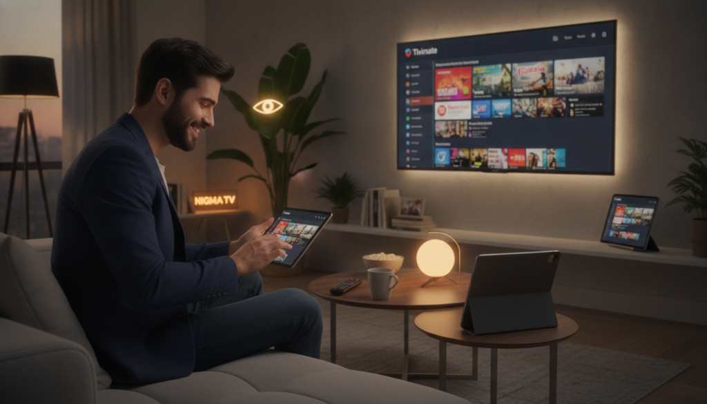 A cozy modern living room setting showcasing a sleek television and a smart device displaying the Tivimate interface for IPTV. In the foreground, a young professional in smart casual attire interacts with the Tivimate app on their tablet, intensely focused and smiling, lost in customizing their viewing experience. The middle ground features a stylish coffee table with a remote control, snacks, and a light source illuminating the device screen attractively. In the background, a warm ambiance is created with soft lighting and decorative plants, enhancing the inviting atmosphere. The overall mood conveys relaxation and excitement about personalizing live TV and streaming options, embodying the essence of a tailored entertainment experience. Include elements reminiscent of the brand "nigma tv" subtly integrated into the scene.