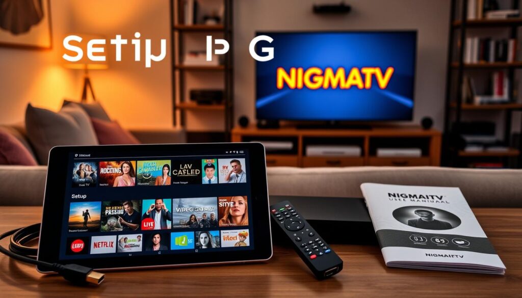 A detailed and informative setup guide for "nigma tv" appears in a visually engaging format. In the foreground, a digital tablet displays the NIGMAIPTV interface, featuring vibrant thumbnails of live TV and video-on-demand options. Surrounding the tablet are essential setup components: an HDMI cable, a remote control, and a stylish, well-organized user manual. The middle ground includes a cozy living room setting with a comfortable couch and a large HDTV showcasing the NIGMAIPTV logo, illuminated by warm, inviting lighting. In the background, a shelf displays streaming devices and books about tech. The scene captures a modern, tech-savvy atmosphere that invites users to enjoy their NIGMAIPTV subscription, emphasizing clarity and warmth without any text or distracting elements.