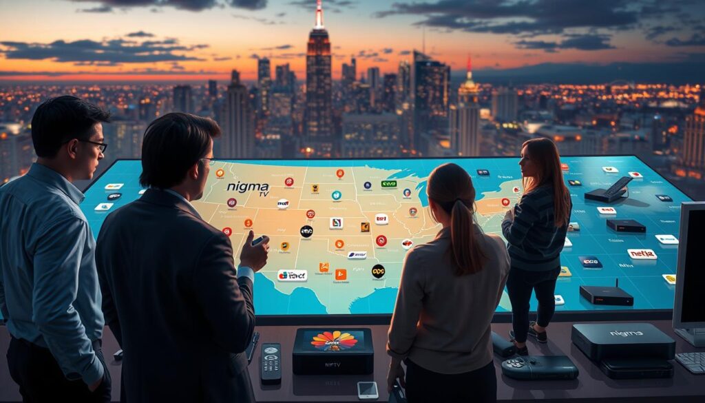 A detailed illustration depicting the landscape of IPTV services in the United States. In the foreground, a diverse group of professionals in business attire examines a large digital map scattered with icons representing various IPTV services, including a prominent logo for "nigma tv." In the middle ground, digital devices like smart TVs, tablets, and streaming boxes are scattered, reflecting the different ways people consume IPTV. The background features a city skyline illuminated at dusk, symbolizing connectivity and technology. The overall atmosphere is one of innovation and competition, with soft yet bright lighting to evoke a sense of opportunity and growth in the industry. Use a wide-angle lens to create depth, ensuring details are sharp and vibrant.