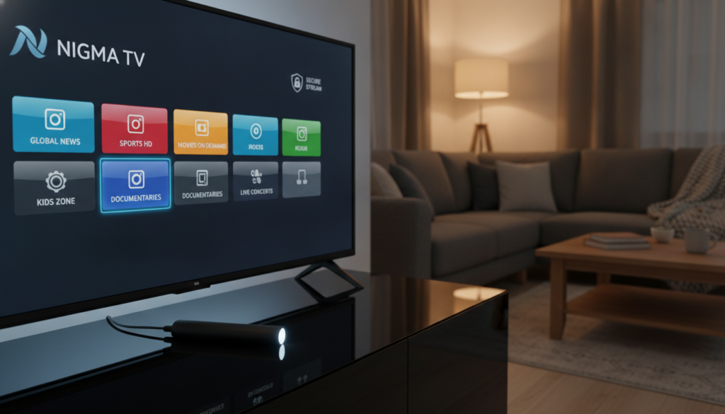 A detailed visualization of the NIGMA TV IPTV app interface displayed on a modern Firestick device, set against a cozy living room backdrop. In the foreground, the Firestick is prominently placed on a sleek, black entertainment console, its LED indicator glowing softly. The middle-ground features a large flat-screen TV showcasing the NIGMA TV app interface, highlighting its user-friendly menu with vibrant thumbnails representing various IPTV channels. The background depicts a warm, inviting living room, with softly lit ambient lighting and a comfortable couch inviting viewers to relax and enjoy streaming. The mood is tech-savvy and secure, emphasizing privacy features with subtle elements like a locked padlock symbol gently incorporated into the design. The overall atmosphere conveys trust and comfort for IPTV users.