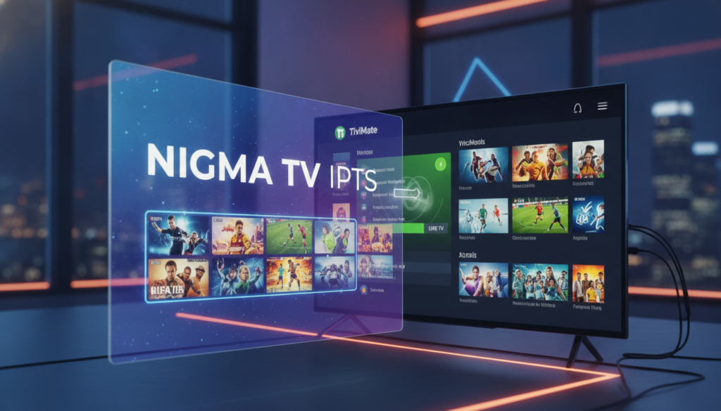 A dynamic and modern depiction of the top IPTV providers for TiviMate, featuring the brand name "NIGMA TV IPTV" prominently displayed. In the foreground, an aesthetically pleasing digital interface showcasing vibrant channels, with vivid images of entertainment options like movies and sports. The middle ground includes a sleek tablet or smart TV displaying the TiviMate user interface, emphasizing its user-friendly design. The background is a tech-themed room with soft ambient lighting and a blurred city skyline, symbolizing the future of entertainment. The atmosphere is energetic and professional, conveying trust and innovation in IPTV services. Use bright yet balanced colors to create an inviting mood, focusing on clarity and visual appeal, while maintaining a clean and polished overall look.