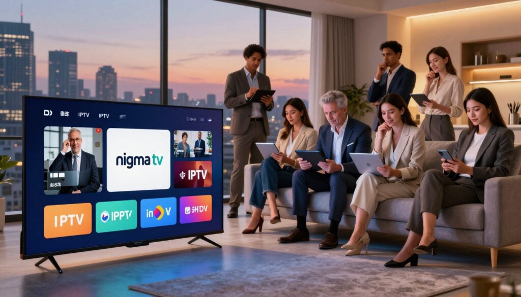A dynamic composition depicting the modern IPTV landscape, featuring a sleek, high-tech living room setting. In the foreground, a stylish television screen displays various streaming icons, including a prominent logo for "nigma tv." In the middle, a diverse group of adults in professional business attire are engaged, using tablets and smartphones to explore IPTV options, appearing thoughtful and enthusiastic. The background shows a large window with a view of a city skyline at dusk, casting warm, inviting lighting into the room. The atmosphere is vibrant and contemporary, emphasizing innovation and connectivity, with a focus on streaming technology as the essence of modern entertainment. A dynamic composition depicting the modern IPTV landscape, featuring a sleek, high-tech living room setting. In the foreground, a stylish television screen displays various streaming icons, including a prominent logo for "nigma tv." In the middle, a diverse group of adults in professional business attire are engaged, using tablets and smartphones to explore IPTV options, appearing thoughtful and enthusiastic. The background shows a large window with a view of a city skyline at dusk, casting warm, inviting lighting into the room. The atmosphere is vibrant and contemporary, emphasizing innovation and connectivity, with a focus on streaming technology as the essence of modern entertainment.