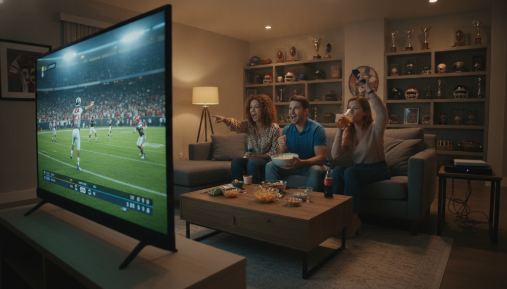 A dynamic scene depicting a modern living room filled with excitement about sports coverage. In the foreground, a large flat-screen TV showcases a vibrant sports event, with players in action and a cheering crowd. In the middle, a diverse group of four individuals, dressed in smart casual attire, are seated on a comfortable couch, intently watching the game while holding snacks and drinks. One person is pointing at the screen, highlighting a play. In the background, shelves filled with sports memorabilia and various streaming devices symbolize channel variety. The warm, inviting lighting creates an engaging atmosphere, suggesting a perfect game night. The perspective is from a slight angle, allowing a clear view of both the TV and the viewers' reactions, emphasizing community and shared excitement around sports coverage.