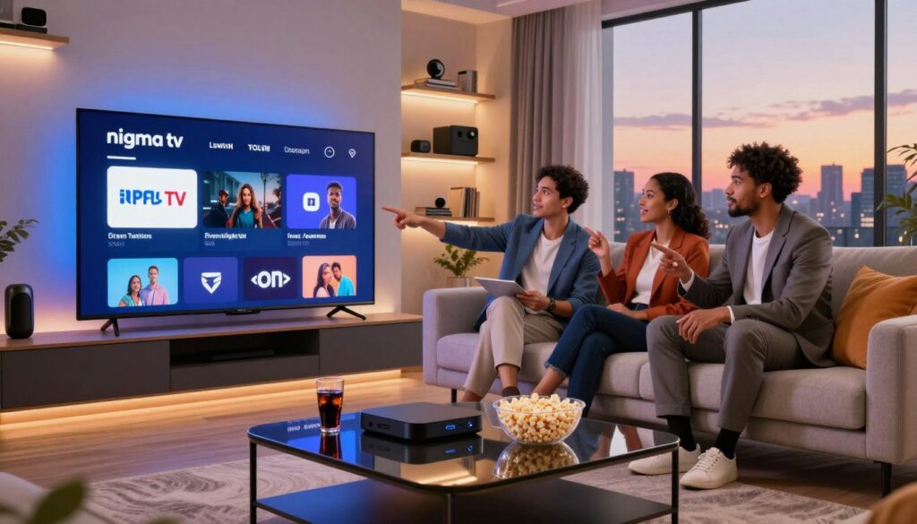A futuristic living room setting with a sleek, ultra-modern television showcasing the "nigma tv" interface, illuminated by soft ambient lighting. In the foreground, a stylish coffee table with popular streaming devices, glasses of soda, and popcorn reflects a cozy yet tech-savvy atmosphere. The middle ground features a comfortable sofa adorned with trendy cushions, with a diverse group of three individuals dressed in professional business attire, engaged in animated discussion while pointing at the screen. The background includes shelves with neatly arranged gadgets and books, and a large window revealing a sunset skyline, instilling a sense of innovation and progress. The scene captures the evolution of streaming in 2027, highlighting the best IPTV options for US viewers, all in a warm, inviting mood.