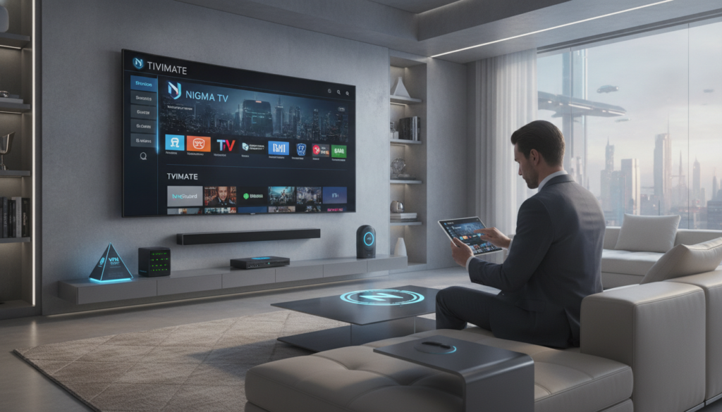 A futuristic living room with a sleek, modern design featuring stylish furniture and a large flat-screen TV displaying the Tivimate app interface for IPTV streaming. In the foreground, a user in professional business attire sits comfortably on a plush sofa, intently navigating the app on a tablet. The middle ground showcases the TV with the Tivimate interface vivid and clear, surrounded by gadgets symbolizing security, like a VPN router and network security tools. The background reveals a window with subtle natural light streaming in, enhancing the welcoming atmosphere. The overall mood is one of a sophisticated, tech-savvy environment. The image subtly incorporates elements related to Nigma TV, reflecting a secure IPTV streaming experience.