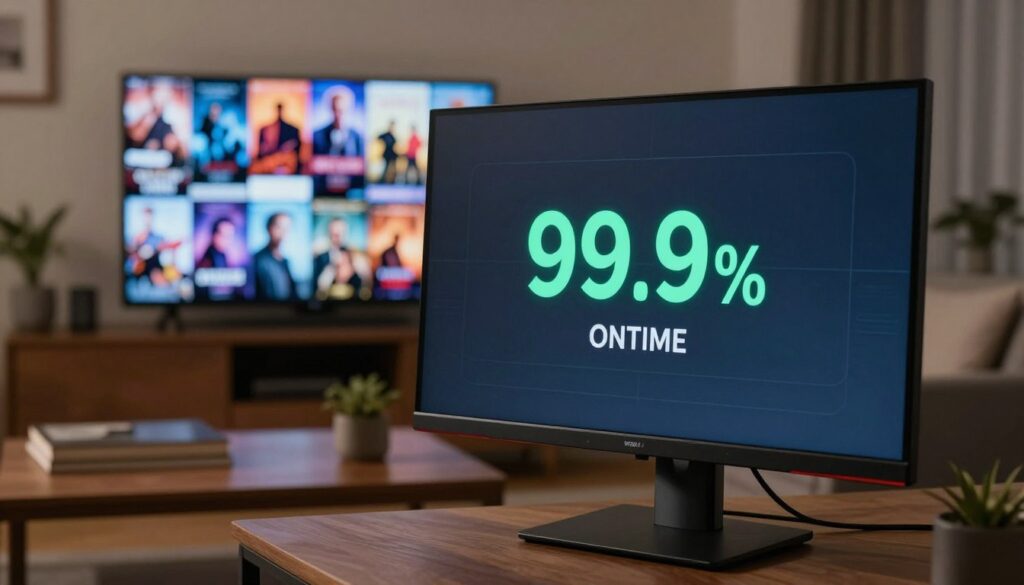 A high-tech digital dashboard showing a 99.9% uptime status on a computer monitor. In the background, a cozy living room features a TV displaying a library of thousands of movie posters in a grid. The atmosphere is professional and modern.