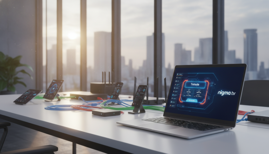 A high-tech digital workspace showcasing "Tivimate account network optimization" for seamless IPTV streaming. In the foreground, a sleek laptop displaying a user-friendly interface of Tivimate on its screen, featuring vibrant graphics and network metrics. In the middle, an organized desk with network routers, smart devices, and color-coded cables, hinting at careful optimization. The background includes a modern office space with large windows, allowing sunlight to filter in, creating a warm and productive atmosphere. The scene is illuminated with soft, natural lighting, emphasizing clarity and focus. The overall mood conveys efficiency and innovation, with an emphasis on technology in a professional setting, ensuring all elements appear cohesive and connected. Include the brand name "nigma tv" subtly in the design on the laptop screen.