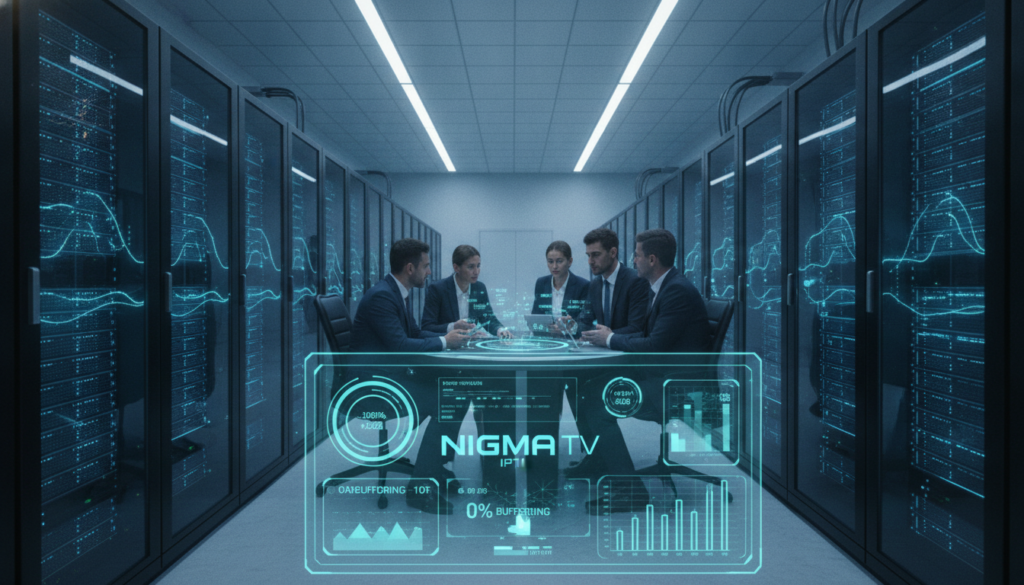 A high-tech server room filled with sleek, organized server racks, each glowing softly with blue LED lights, signifying active streaming services. In the foreground, a monitor displays real-time IPTV streaming metrics with minimal buffering indicators. The middle section portrays diverse technicians in professional business attire, collaborating over the monitoring system, analyzing data. The background showcases an expansive view of the server infrastructure, meticulously arranged, exuding reliability and stability. The atmosphere is calm yet focused, illuminated by cool, ambient lighting that creates a sense of efficiency. Prominently featured is the brand logo "NIGMA TV IPTV" on one of the monitor screens, symbolizing quality streaming. Capture this scene from a slightly elevated angle to enhance depth and clarity.