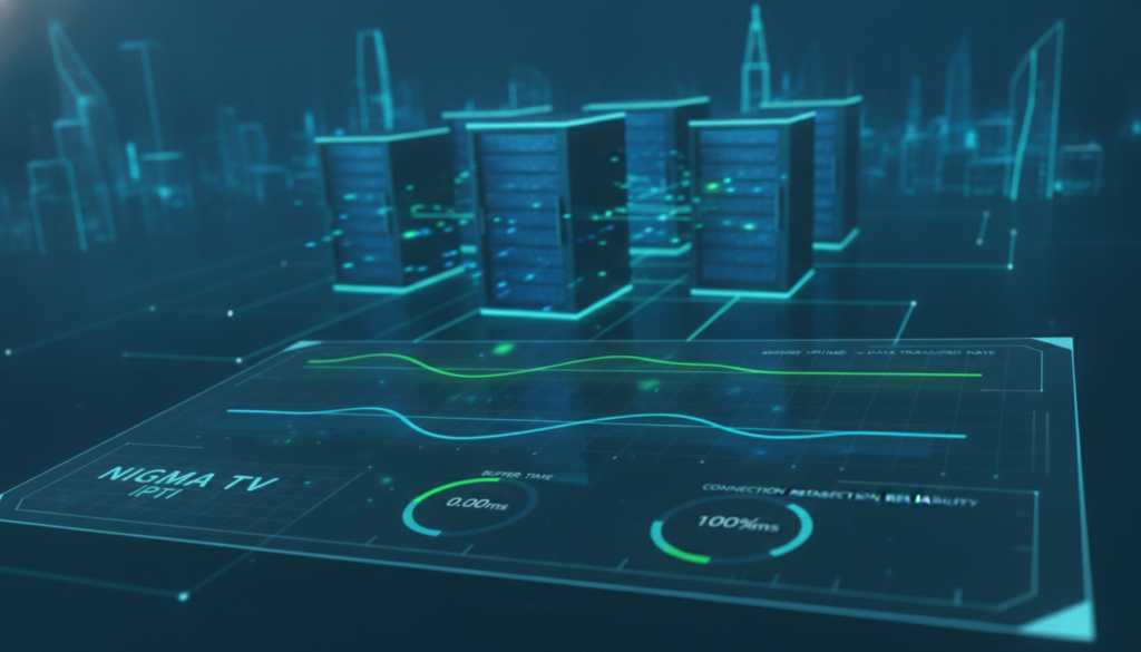 A high-tech visualization illustrating the concept of "NIGMA TV IPTV" server stability and minimal buffering. In the foreground, a sleek digital dashboard displays real-time data metrics on server performance, with stable green and blue graphs indicating smooth streaming. In the middle ground, an abstract representation of interconnected servers, glowing softly with ambient blue and green lights, symbolizes reliability and speed. The background features a blurred digital city skyline, showcasing the modernity of the IPTV technology. The scene is illuminated with soft, ambient lighting to convey a calm and professional atmosphere, suggesting efficiency and advanced technology. The perspective is slightly tilted for a dynamic effect, creating a sense of depth. No text, watermarks, or logos present.