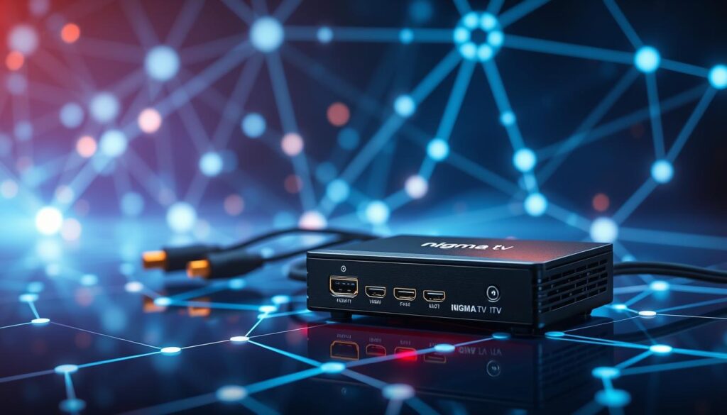 A high-tech, visually appealing representation of network stability, featuring a sleek HDMI to IPTV converter prominently in the foreground. The converter is detailed with vibrant lighting, casting a soft glow that highlights its modern design and includes the brand name "nigma tv." In the middle, connect cables gracefully extend from the converter to various devices, symbolizing reliable connections. The background depicts a network visualization, with interconnected nodes and lines glowing softly against a dark, tech-themed backdrop. Use a high-resolution lens effect, focusing sharply on the converter while gently blurring the background. The mood should be professional and serene, conveying a sense of reliability and cutting-edge technology, perfect for illustrating best practices in long-term streaming reliability.