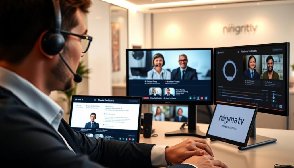 A modern customer support center scene showcasing a professional, attentive support agent wearing business attire, engaged in a conversation while reviewing a customer feedback screen about "Smartiflix IPTV." The foreground features the agent at a sleek desk with multiple monitors displaying positive reviews and technical data. The middle section includes a slightly blurred view of satisfied customers on video calls, illustrating reliability. The background reveals a well-lit, modern office environment with soft, ambient lighting, and a logo of "nigma tv" subtly integrated into the decor. The overall mood is professional and trustworthy, emphasizing effective customer support and service reliability. Use a warm color palette to convey a welcoming atmosphere. A modern customer support center scene showcasing a professional, attentive support agent wearing business attire, engaged in a conversation while reviewing a customer feedback screen about "Smartiflix IPTV." The foreground features the agent at a sleek desk with multiple monitors displaying positive reviews and technical data. The middle section includes a slightly blurred view of satisfied customers on video calls, illustrating reliability. The background reveals a well-lit, modern office environment with soft, ambient lighting, and a logo of "nigma tv" subtly integrated into the decor. The overall mood is professional and trustworthy, emphasizing effective customer support and service reliability. Use a warm color palette to convey a welcoming atmosphere.
