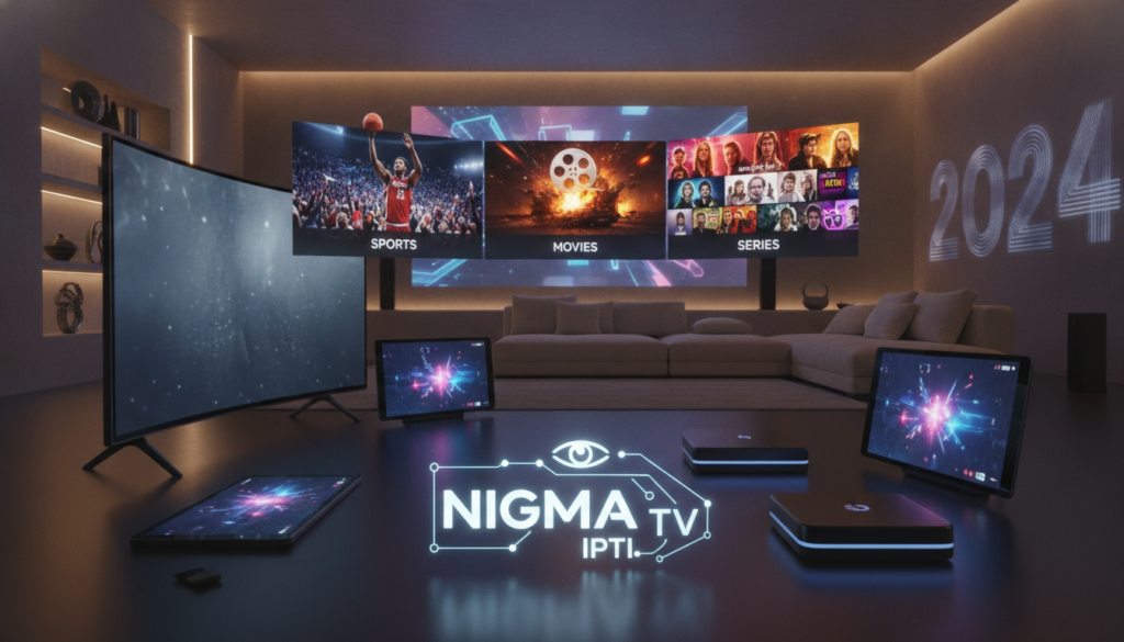 A modern digital landscape showcasing the "NIGMA TV IPTV" logo prominently in the foreground. Surround it with sleek, high-tech devices like smart TVs, tablets, and streaming devices that symbolize various IPTV services. In the middle ground, create dynamic visuals of a split-screen showing diverse channels such as sports, movies, and series in vibrant colors, highlighting their offerings. In the background, a futuristic living room setting with ambient lighting that creates a cozy yet cutting-edge atmosphere. Use soft, warm lighting for a welcoming feel, with a wide-angle lens perspective that enhances depth. The overall mood should convey excitement and innovation in digital entertainment, targeting US viewers exploring the best IPTV options for 2024.