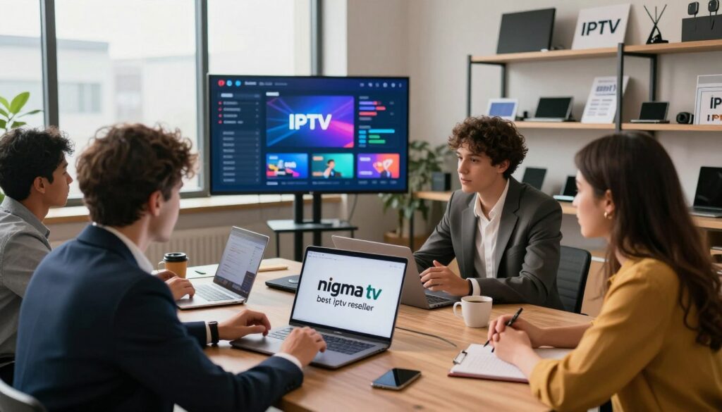 A modern, digital marketing office environment featuring a diverse group of professional IPTV resellers engaged in a brainstorming session. In the foreground, a man in a sharp suit and a woman in smart casual attire are actively discussing strategies, with a laptop displaying the brand name "nigma tv best iptv reseller" open between them. In the middle ground, a large screen showcases vibrant IPTV service graphics and analytics data. The background features shelves lined with tech gadgets and promotional materials for IPTV services. Soft, natural lighting comes from large windows, casting a warm glow and creating an inviting atmosphere. Capture from a slightly elevated angle to emphasize collaboration and engagement in this high-tech setting.
