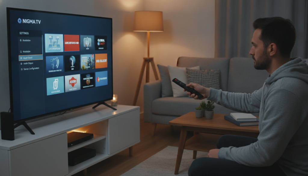 A modern home entertainment setup featuring a sleek Amazon Firestick plugged into a television, displaying the NIGMA TV IPTV interface. In the foreground, a user is thoughtfully adjusting the settings with a remote, dressed in casual yet presentable clothing, emphasizing a focused, tech-savvy atmosphere. The middle layer highlights the TV screen's vibrant colors showcasing various high-quality streaming options, reflecting stability and performance. In the background, there is a cozy living room environment with soft lighting, creating a relaxed and inviting mood. Utilize warm yet bright lighting to enhance the clarity of the image, shot from a slight angle to capture the interaction between the user and the device effectively. The overall composition should convey a sense of ease and professionalism in setting up IPTV streaming.