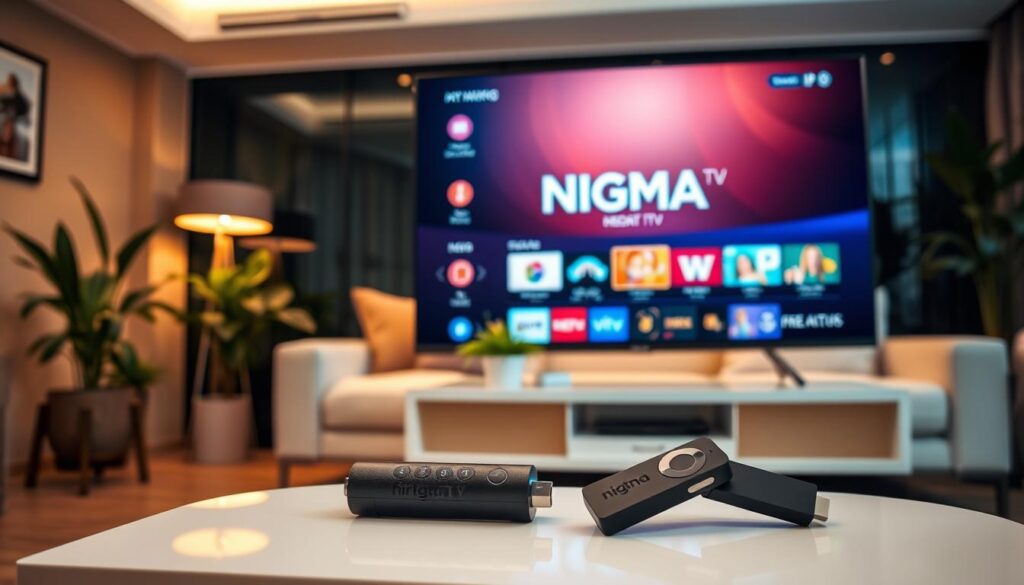 A modern home entertainment setup showcasing "NIGMA TV IPTV". In the foreground, a sleek, minimalist Smart TV displaying the NIGMA TV logo against a vibrant interface filled with streaming options. In the middle ground, a stylish Firestick device plugged into the TV, with a remote control resting nearby on a chic coffee table. The background features a cozy living room setting, complete with a comfortable sofa and decorative plants, arranged to create an inviting atmosphere. Soft, warm lighting enhances the scene, giving it an approachable and appealing mood. The camera angle is slightly tilted upwards, focusing on the TV screen, with a narrow depth of field that subtly blurs the rest of the room. A modern home entertainment setup showcasing "NIGMA TV IPTV". In the foreground, a sleek, minimalist Smart TV displaying the NIGMA TV logo against a vibrant interface filled with streaming options. In the middle ground, a stylish Firestick device plugged into the TV, with a remote control resting nearby on a chic coffee table. The background features a cozy living room setting, complete with a comfortable sofa and decorative plants, arranged to create an inviting atmosphere. Soft, warm lighting enhances the scene, giving it an approachable and appealing mood. The camera angle is slightly tilted upwards, focusing on the TV screen, with a narrow depth of field that subtly blurs the rest of the room.