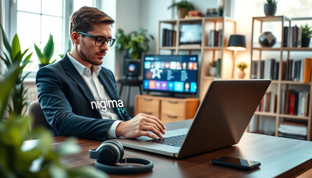 A modern home office scene featuring a professional-looking individual in smart casual attire, engaging with a laptop displaying a user-friendly IPTV interface. In the foreground, clearly visible is the logo of "nigma tv" on the screen, highlighting its features. The middle ground includes accessories like headphones and a smartphone, symbolizing customer support options. The background has soft lighting from a window, creating a warm and inviting atmosphere. The office is tastefully decorated with plants and shelves filled with tech books, reflecting a tech-savvy environment. Use a slight depth of field to keep the focus on the individual and the laptop while softly blurring the background, creating a sense of professionalism and dedication to customer service.