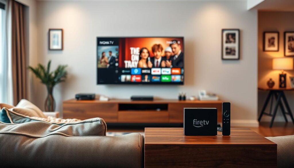 A modern living room featuring a sleek FireTV set up prominently on a walnut media console. In the foreground, a comfortable sofa with colorful cushions invites relaxation. A large screen displays the Nigma TV interface, showcasing a vibrant array of available channels and content. In the background, soft ambient lighting creates a cozy atmosphere, highlighted by stylish wall decor. The scene is captured with a wide-angle lens to emphasize the inviting space and the smart technology in focus. The overall mood is warm and welcoming, reflecting a perfect blend of home entertainment and modern design. A modern living room featuring a sleek FireTV set up prominently on a walnut media console. In the foreground, a comfortable sofa with colorful cushions invites relaxation. A large screen displays the Nigma TV interface, showcasing a vibrant array of available channels and content. In the background, soft ambient lighting creates a cozy atmosphere, highlighted by stylish wall decor. The scene is captured with a wide-angle lens to emphasize the inviting space and the smart technology in focus. The overall mood is warm and welcoming, reflecting a perfect blend of home entertainment and modern design.