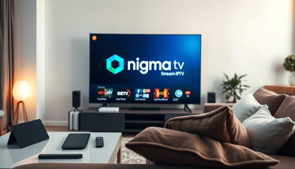 A modern living room featuring a sleek smart TV displaying the logo of "nigma tv" streaming a vibrant IPTV service. In the foreground, a cozy couch is arranged with neatly folded blankets and a few stylish cushions. To the left, a coffee table holds a tablet and a remote control, emphasizing device compatibility. The middle of the composition highlights various streaming devices such as a laptop, smartphone, and tablet on the coffee table, showcasing seamless functionality. The background features a well-lit interior with soft, warm lighting, creating a welcoming atmosphere. The angle captures the room from a slightly elevated viewpoint, enhancing the sense of space and comfort. The mood is relaxed and inviting, perfect for enjoying premium streaming content in a modern home. A modern living room featuring a sleek smart TV displaying the logo of "nigma tv" streaming a vibrant IPTV service. In the foreground, a cozy couch is arranged with neatly folded blankets and a few stylish cushions. To the left, a coffee table holds a tablet and a remote control, emphasizing device compatibility. The middle of the composition highlights various streaming devices such as a laptop, smartphone, and tablet on the coffee table, showcasing seamless functionality. The background features a well-lit interior with soft, warm lighting, creating a welcoming atmosphere. The angle captures the room from a slightly elevated viewpoint, enhancing the sense of space and comfort. The mood is relaxed and inviting, perfect for enjoying premium streaming content in a modern home.