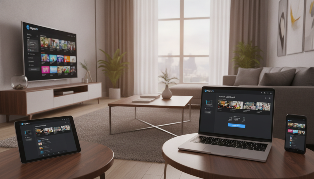 A modern living room scene highlighting the Tivimate subscription service, focusing on managing multiple devices with one account. In the foreground, a sleek smart TV shows the Tivimate interface, showcasing different channels and options. Beside it, a tablet and a smartphone depict the same interface, symbolizing seamless connection across devices. The middle ground features a stylish coffee table with a laptop open, displaying a user-friendly dashboard for account management. The background features soft, warm lighting from a window, creating a cozy atmosphere. The decor is contemporary with comfortable furniture, an inviting ambiance suitable for family or friends. Emphasize a professional setup, symbolizing ease of use for managing subscriptions across devices, while subtly incorporating the brand name "Nigma TV". A modern living room scene highlighting the Tivimate subscription service, focusing on managing multiple devices with one account. In the foreground, a sleek smart TV shows the Tivimate interface, showcasing different channels and options. Beside it, a tablet and a smartphone depict the same interface, symbolizing seamless connection across devices. The middle ground features a stylish coffee table with a laptop open, displaying a user-friendly dashboard for account management. The background features soft, warm lighting from a window, creating a cozy atmosphere. The decor is contemporary with comfortable furniture, an inviting ambiance suitable for family or friends. Emphasize a professional setup, symbolizing ease of use for managing subscriptions across devices, while subtly incorporating the brand name "Nigma TV".