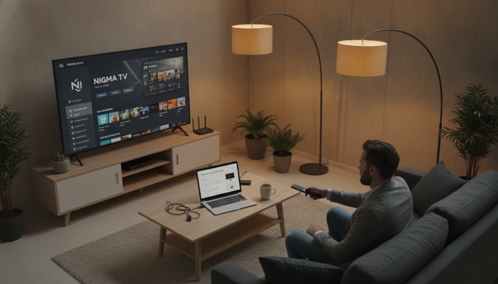 A modern living room scene showcasing a cozy setup for configuring an IPTV player on a Firestick. In the foreground, a sleek TV screen displays the NIGMA TV IPTV interface prominently. A user, dressed in smart casual attire, focuses intently on a remote control, with the Firestick visibly connected to the TV. The middle ground features a stylish coffee table with technical gadgets and an open laptop with IPTV configuration guides displayed. The background consists of warm, ambient lighting from floor lamps, creating a relaxed atmosphere. The camera angle is slightly above eye level, giving a clear view of the entire setup. Soft shadows enhance the depth of the scene, emphasizing a tech-savvy yet inviting mood. The overall feel is modern, engaging, and practical, ideal for illustrating IPTV player configuration. A modern living room scene showcasing a cozy setup for configuring an IPTV player on a Firestick. In the foreground, a sleek TV screen displays the NIGMA TV IPTV interface prominently. A user, dressed in smart casual attire, focuses intently on a remote control, with the Firestick visibly connected to the TV. The middle ground features a stylish coffee table with technical gadgets and an open laptop with IPTV configuration guides displayed. The background consists of warm, ambient lighting from floor lamps, creating a relaxed atmosphere. The camera angle is slightly above eye level, giving a clear view of the entire setup. Soft shadows enhance the depth of the scene, emphasizing a tech-savvy yet inviting mood. The overall feel is modern, engaging, and practical, ideal for illustrating IPTV player configuration.
