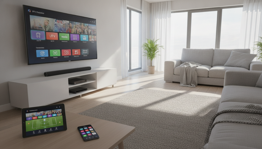 A modern living room scene showcasing a variety of devices compatible with IPTV services. In the foreground, a sleek smart TV displays a vibrant user interface, while beside it, a tablet and smartphone show streaming apps. In the middle ground, a stylish entertainment center houses a streaming device and a game console, all well-organized with cables neatly tucked away. The background features a cozy, well-lit ambiance with natural light streaming in through large windows, enhancing the atmosphere of a contemporary home. The overall mood is inviting and tech-savvy, with soft shadows cast by the morning sun. Use a wide-angle lens perspective to capture all elements clearly, focusing on the harmony of technology and comfort.