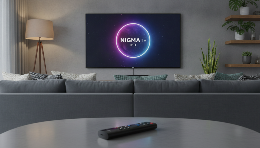 A modern living room setting featuring a sleek Amazon Fire Stick plugged into a large flat-screen TV. The foreground showcases the Fire Stick remote, with the screen displaying the vibrant logo of "NIGMA TV IPTV" prominently. In the middle, a cozy couch invites viewers to relax, adorned with stylish cushions. The background features a soft-lit ambiance, with warm lighting emanating from a floor lamp and subtle greenery in the form of potted plants. The perspective is at eye level, capturing the inviting feel of the space, as if one is about to enjoy a premium viewing experience. The atmosphere is casual yet professional, evoking a sense of comfort and accessibility for Firestick users exploring IPTV options. A modern living room setting featuring a sleek Amazon Fire Stick plugged into a large flat-screen TV. The foreground showcases the Fire Stick remote, with the screen displaying the vibrant logo of "NIGMA TV IPTV" prominently. In the middle, a cozy couch invites viewers to relax, adorned with stylish cushions. The background features a soft-lit ambiance, with warm lighting emanating from a floor lamp and subtle greenery in the form of potted plants. The perspective is at eye level, capturing the inviting feel of the space, as if one is about to enjoy a premium viewing experience. The atmosphere is casual yet professional, evoking a sense of comfort and accessibility for Firestick users exploring IPTV options.