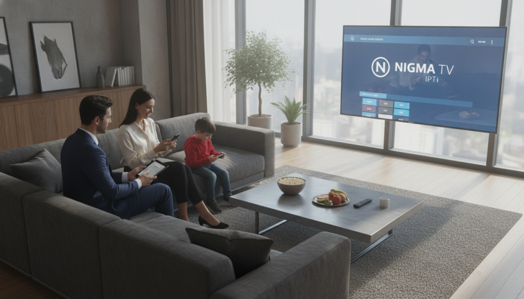 A modern living room setting featuring a sleek flat-screen television displaying an IPTV interface, prominently showcasing the "NIGMA TV IPTV" logo. In the foreground, a family of three—parents in professional attire and a child in casual clothing—sitting comfortably on a stylish couch, each engaged with their devices. The middle layer includes a coffee table with snacks and a remote control, enhancing the casual viewing experience. In the background, large windows allow soft, natural daylight to fill the room, creating a warm and inviting atmosphere. The image is shot from a slightly elevated angle, emphasizing the family dynamic and the advanced technology, with a focus on details like the TV screen reflections and contemporary decor elements. The mood is relaxed and enjoyable, suitable for a seamless streaming experience. A modern living room setting featuring a sleek flat-screen television displaying an IPTV interface, prominently showcasing the "NIGMA TV IPTV" logo. In the foreground, a family of three—parents in professional attire and a child in casual clothing—sitting comfortably on a stylish couch, each engaged with their devices. The middle layer includes a coffee table with snacks and a remote control, enhancing the casual viewing experience. In the background, large windows allow soft, natural daylight to fill the room, creating a warm and inviting atmosphere. The image is shot from a slightly elevated angle, emphasizing the family dynamic and the advanced technology, with a focus on details like the TV screen reflections and contemporary decor elements. The mood is relaxed and enjoyable, suitable for a seamless streaming experience.