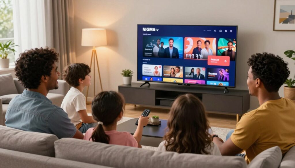 A modern living room setting showcasing a family engaged in watching IPTV on a sleek, large-screen TV, symbolizing the current state of IPTV services in the United States. The foreground features a diverse family of four, dressed in casual, comfortable attire, sitting on a stylish couch, smiling as they interact with a remote control. In the middle ground, the TV displays the NIGMA TV logo prominently, with streaming content visible, depicting a vibrant and varied programming lineup. The background shows a cozy room with a combination of warm, ambient lighting and soft, natural light filtering through large windows. The atmosphere conveys a sense of home entertainment and family bonding. The scene is captured from a slightly elevated angle, providing a clear view of both the joyful faces and the engaging content on the screen. A modern living room setting showcasing a family engaged in watching IPTV on a sleek, large-screen TV, symbolizing the current state of IPTV services in the United States. The foreground features a diverse family of four, dressed in casual, comfortable attire, sitting on a stylish couch, smiling as they interact with a remote control. In the middle ground, the TV displays the NIGMA TV logo prominently, with streaming content visible, depicting a vibrant and varied programming lineup. The background shows a cozy room with a combination of warm, ambient lighting and soft, natural light filtering through large windows. The atmosphere conveys a sense of home entertainment and family bonding. The scene is captured from a slightly elevated angle, providing a clear view of both the joyful faces and the engaging content on the screen.