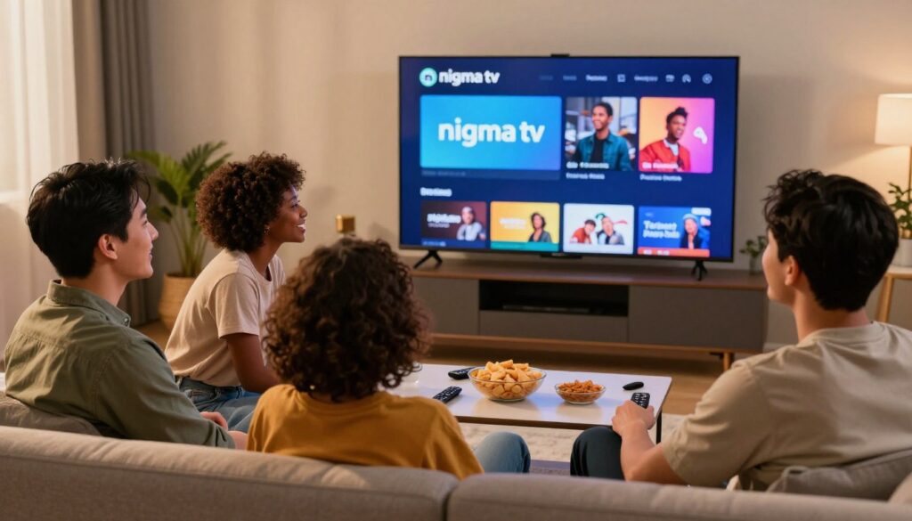 A modern living room setting with a sleek TV displaying the logo of "nigma tv" prominently on the screen, showcasing a vibrant interface of streaming options. In the foreground, a diverse group of three individuals—one Asian male, one Black female, and one Hispanic male—are seated comfortably on a stylish couch, looking engaged and pleased as they watch content together. The middle ground features a coffee table with snacks and a remote control, enhancing the casual viewing atmosphere. The background has warm lighting, with soft shadows cast, creating a cozy ambiance. The overall mood is inviting and collaborative, highlighting the joy of shared streaming experiences in a family-friendly environment.