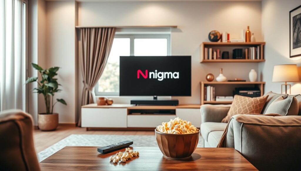 A modern living room setting with a sleek television prominently displaying the logo of "Nigma TV." In the foreground, a stylish coffee table holds a remote control and popcorn, while a comfortable sofa invites viewers to relax and enjoy IPTV content. The middle layer features a window with soft natural light filtering in, creating a warm and inviting atmosphere. The background showcases a tasteful wall-mounted entertainment center filled with books and decorative items. Use a warm color palette to evoke a cozy ambiance, and emphasize clarity and details using a soft focus lens effect. Capture this scene from a slightly angled perspective to highlight the inviting environment of IPTV entertainment, conveying a sense of modern lifestyle and enjoyment. A modern living room setting with a sleek television prominently displaying the logo of "Nigma TV." In the foreground, a stylish coffee table holds a remote control and popcorn, while a comfortable sofa invites viewers to relax and enjoy IPTV content. The middle layer features a window with soft natural light filtering in, creating a warm and inviting atmosphere. The background showcases a tasteful wall-mounted entertainment center filled with books and decorative items. Use a warm color palette to evoke a cozy ambiance, and emphasize clarity and details using a soft focus lens effect. Capture this scene from a slightly angled perspective to highlight the inviting environment of IPTV entertainment, conveying a sense of modern lifestyle and enjoyment.