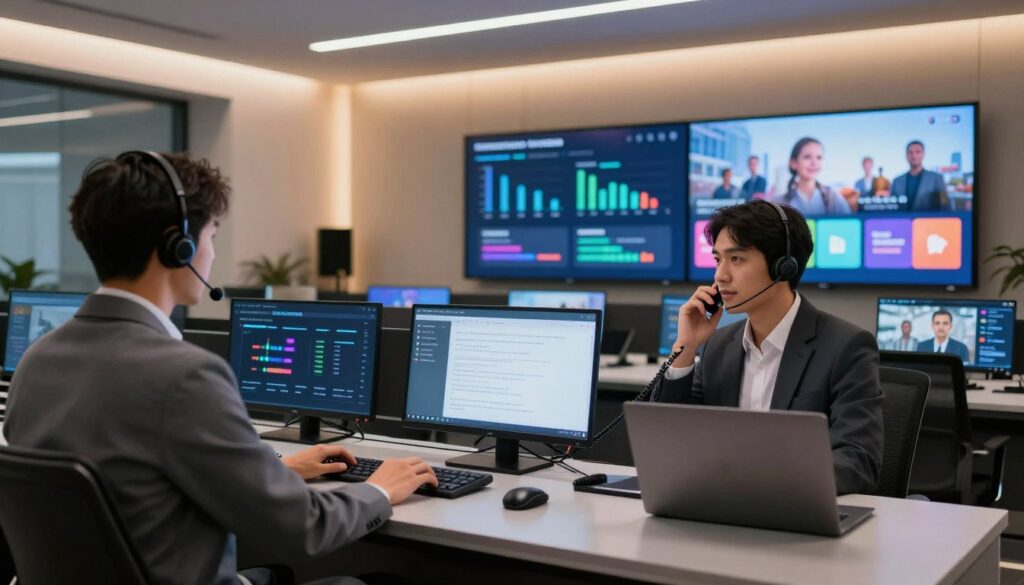 A modern, sleek IPTV service control room showcasing high-tech equipment and multiple screens displaying vibrant, informative content. In the foreground, a professional customer support agent, dressed in smart business attire, is assisting a client over the phone, demonstrating a commitment to excellent service. In the middle ground, several high-definition screens show graphs of service reliability metrics and customer satisfaction ratings. In the background, soft lighting casts a warm glow, creating an inviting atmosphere while maintaining a professional tone. The scene embodies a sense of trust and reliability, emphasizing the vital role of customer support in a successful IPTV service. The image is taken with a wide-angle lens to capture the full scope of the environment.