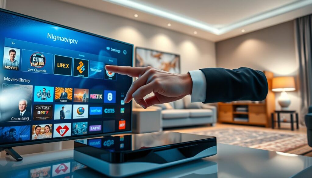 A modern, sleek digital interface depicting the Nigmatviptv channel library on a vivid, high-resolution screen. The foreground features a polished black and silver media device, with a clear view of the user interface showcasing various categories such as Movies, TV Shows, Live Channels, and Settings. In the middle ground, a hand, dressed in professional attire, is interacting with the touch screen, navigating effortlessly between options. The background displays a cozy, well-lit living room setting with muted colors, suggesting a relaxing environment for streaming. Soft ambient lighting casts gentle shadows, enhancing the focus on the interface while lending a warm, inviting atmosphere. The image aims to convey a sense of ease and enjoyment in using the Nigmatviptv platform.