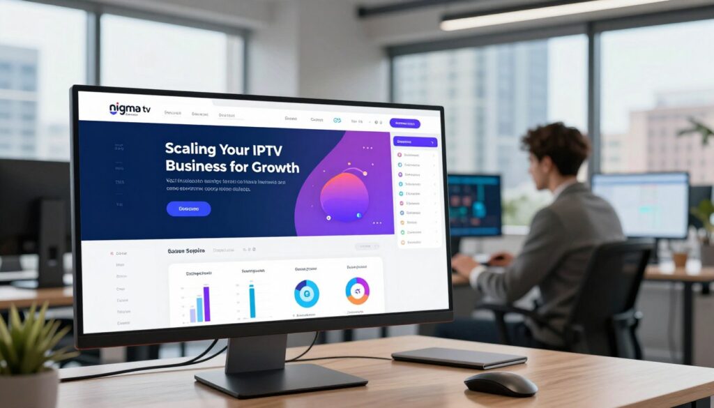 A modern, sleek geo IPTV reseller panel interface displayed on a large computer screen in a professional office setting. In the foreground, the screen showcases vibrant graphics and user-friendly analytics tools, emphasizing user engagement and viewer statistics. The middle ground features a focused business professional in smart attire, analyzing the interface, surrounded by charts and equipment that suggest a tech-driven environment. In the background, large windows let in natural light, illuminating the space while providing a view of a bustling cityscape, symbolizing growth and opportunity. The atmosphere is energetic and innovative, reflecting the title "Scaling Your IPTV Business for Growth." Incorporate branding elements of "nigma tv best iptv reseller" subtly within the panel design.