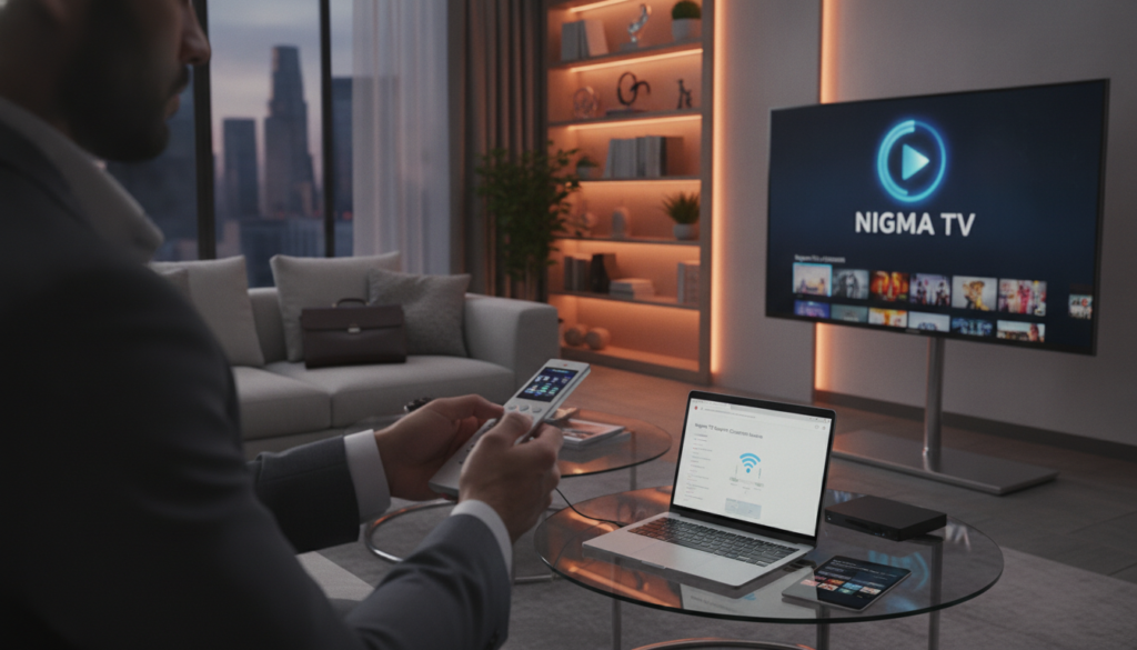 A modern, sleek living room setup featuring a large flat-screen TV displaying the "Nigma TV" logo, showcasing IPTV streaming content. In the foreground, a person in professional business attire is troubleshooting a remote control, focusing on connection settings. The middle layer includes a cozy couch, a coffee table with a laptop open to a support webpage, and various digital devices indicating streaming options. The background should feature soft ambient lighting with a warm atmosphere, emphasizing a relaxed yet functional space. Use a shallow depth of field to enhance focus on the troubleshooting task. Capture this scene from a slightly elevated angle to provide depth and context.