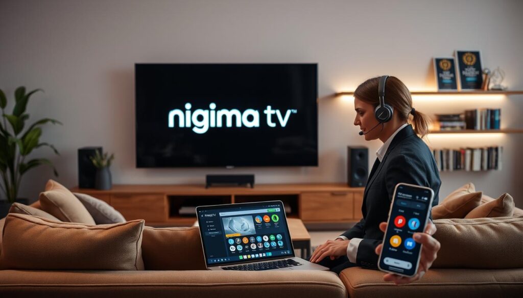 A modern, sleek living room setup featuring a large, flat-screen television displaying the “nigma tv” logo, surrounded by plush furniture to create an inviting atmosphere. In the foreground, a customer support representative, dressed in professional business attire, is engaging on a headset, portraying a sense of helpfulness and reliability. In the middle ground, a laptop with a chat interface open, emphasizing online assistance, while a smartphone shows a customer service app with vibrant icons. The background consists of soft ambient lighting enhancing the cozy vibe, with shelves decorated with awards and books about customer service excellence. The overall mood is warm and reassuring, capturing the essence of dependable customer support and service reliability. A modern, sleek living room setup featuring a large, flat-screen television displaying the “nigma tv” logo, surrounded by plush furniture to create an inviting atmosphere. In the foreground, a customer support representative, dressed in professional business attire, is engaging on a headset, portraying a sense of helpfulness and reliability. In the middle ground, a laptop with a chat interface open, emphasizing online assistance, while a smartphone shows a customer service app with vibrant icons. The background consists of soft ambient lighting enhancing the cozy vibe, with shelves decorated with awards and books about customer service excellence. The overall mood is warm and reassuring, capturing the essence of dependable customer support and service reliability.