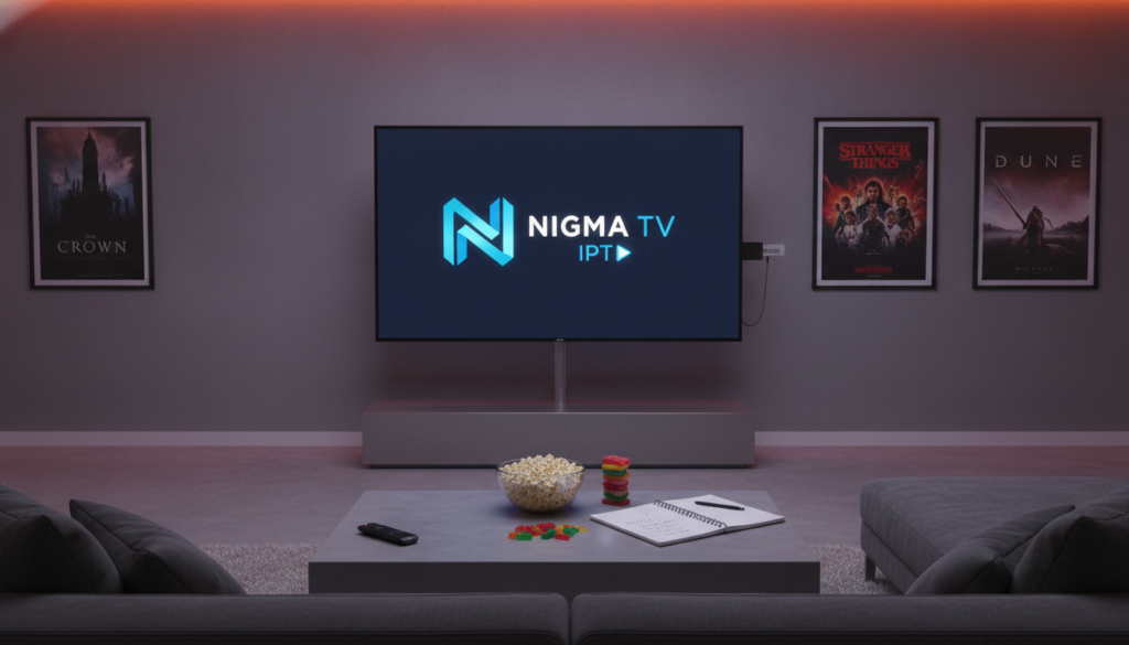 A modern, sleek living room setup featuring a prominent Amazon Firestick plugged into a stylish television. In the foreground, the Firestick's remote is placed on a coffee table alongside snacks and a notepad, signifying a cozy streaming environment. The walls are adorned with framed posters of popular TV shows and movies to reflect a passion for entertainment. In the background, subtle ambient lighting casts a warm glow, enhancing the inviting atmosphere of the room. The focus is on the TV screen displaying the NIGMA TV IPTV logo, showcasing its compatibility and software integration capabilities in vivid detail. The shot is taken from a slightly elevated angle, creating depth and a sense of immersion in the streaming experience. A modern, sleek living room setup featuring a prominent Amazon Firestick plugged into a stylish television. In the foreground, the Firestick's remote is placed on a coffee table alongside snacks and a notepad, signifying a cozy streaming environment. The walls are adorned with framed posters of popular TV shows and movies to reflect a passion for entertainment. In the background, subtle ambient lighting casts a warm glow, enhancing the inviting atmosphere of the room. The focus is on the TV screen displaying the NIGMA TV IPTV logo, showcasing its compatibility and software integration capabilities in vivid detail. The shot is taken from a slightly elevated angle, creating depth and a sense of immersion in the streaming experience.