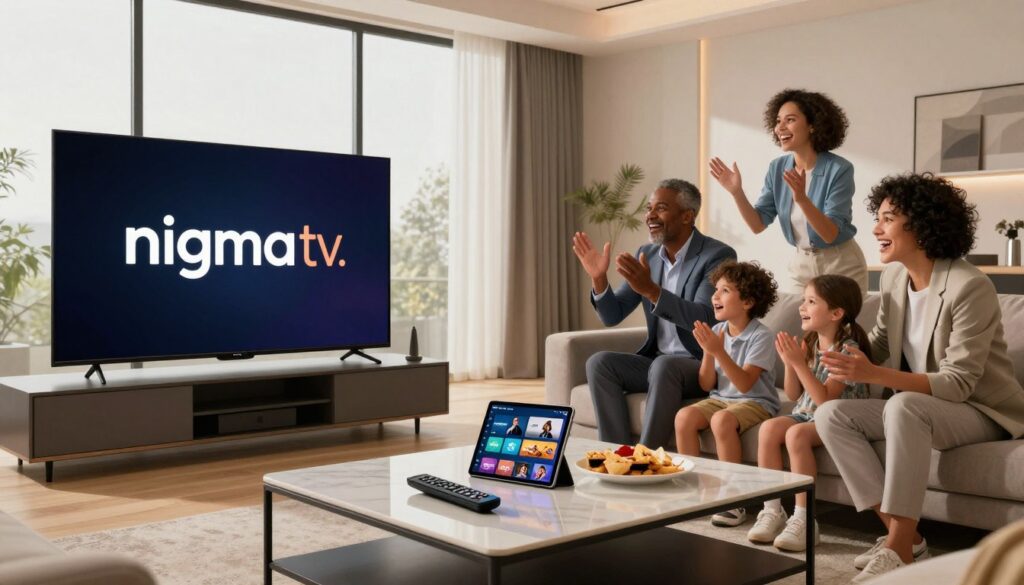 A modern, sophisticated living room setting showcasing a sleek smart TV displaying the logo "nigma tv." In the foreground, a stylish coffee table features remote controls, snacks, and a digital tablet displaying streaming options. In the middle ground, a family of diverse ethnic backgrounds, dressed in professional business attire, engages excitedly with the TV, their expressions joyful and immersed in the viewing experience. The background reveals large windows with soft daylight filtering in, creating a warm atmosphere. The room is decorated with minimalist decor, emphasizing a tech-savvy lifestyle. Use soft, even lighting to enhance the inviting mood, captured with a wide-angle lens to create depth, focusing on the interaction between the family and their IPTV service. A modern, sophisticated living room setting showcasing a sleek smart TV displaying the logo "nigma tv." In the foreground, a stylish coffee table features remote controls, snacks, and a digital tablet displaying streaming options. In the middle ground, a family of diverse ethnic backgrounds, dressed in professional business attire, engages excitedly with the TV, their expressions joyful and immersed in the viewing experience. The background reveals large windows with soft daylight filtering in, creating a warm atmosphere. The room is decorated with minimalist decor, emphasizing a tech-savvy lifestyle. Use soft, even lighting to enhance the inviting mood, captured with a wide-angle lens to create depth, focusing on the interaction between the family and their IPTV service.