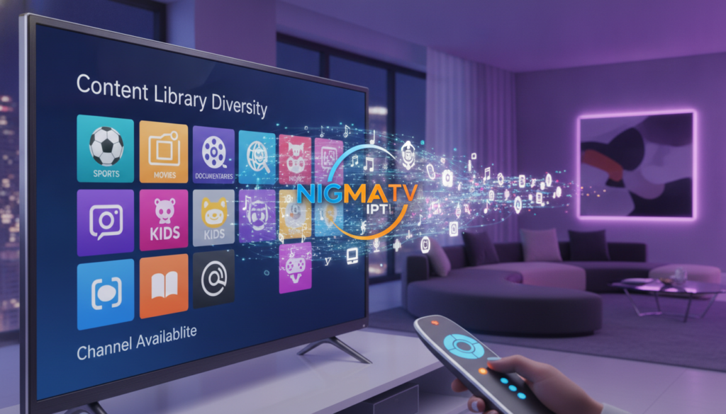 A modern, vibrant depiction of a digital media landscape showcasing "Content Library Diversity and Channel Availability." In the foreground, feature a sleek television screen displaying an array of colorful channel icons representing various genres like sports, movies, documentaries, and kids' shows. The middle layer should include a stylish remote control with glowing buttons symbolizing user interaction. In the background, a futuristic living room with soft, ambient lighting and plush seating should establish a welcoming atmosphere. Incorporate floating icons and a visual representation of the brand "NIGMA TV IPTV" subtly integrated into the scene, emphasizing its extensive library and channel options. Use a slightly angled perspective to create depth, highlighting the dynamic content offerings while maintaining a professional mood. The overall image should evoke excitement about diverse streaming choices in 2024. A modern, vibrant depiction of a digital media landscape showcasing "Content Library Diversity and Channel Availability." In the foreground, feature a sleek television screen displaying an array of colorful channel icons representing various genres like sports, movies, documentaries, and kids' shows. The middle layer should include a stylish remote control with glowing buttons symbolizing user interaction. In the background, a futuristic living room with soft, ambient lighting and plush seating should establish a welcoming atmosphere. Incorporate floating icons and a visual representation of the brand "NIGMA TV IPTV" subtly integrated into the scene, emphasizing its extensive library and channel options. Use a slightly angled perspective to create depth, highlighting the dynamic content offerings while maintaining a professional mood. The overall image should evoke excitement about diverse streaming choices in 2024.