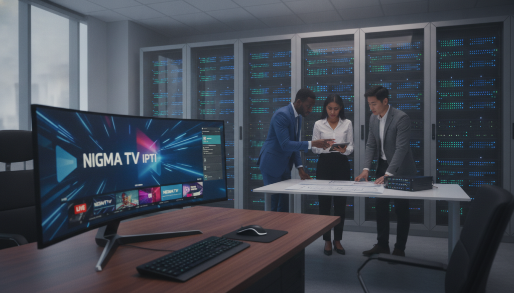 A professional office environment showcasing cutting-edge technology for IPTV streaming, focusing on the brand "NIGMA TV IPTV". In the foreground, a sleek, modern computer setup with a high-resolution monitor displaying vibrant streaming content. In the middle ground, a diverse group of professionals in business attire discuss server setups, their expressions reflecting focus and teamwork. The background features a wall of servers with blinking lights, symbolizing stable connections and minimal buffering. Soft, diffused lighting casts a warm glow over the scene, creating a collaborative and innovative atmosphere. The composition should evoke a sense of reliability, efficiency, and advanced technology in the IPTV industry, perfect for illustrating the importance of stable servers. The angle is slightly elevated, providing a clear view of both the technology and the professionals at work. A professional office environment showcasing cutting-edge technology for IPTV streaming, focusing on the brand "NIGMA TV IPTV". In the foreground, a sleek, modern computer setup with a high-resolution monitor displaying vibrant streaming content. In the middle ground, a diverse group of professionals in business attire discuss server setups, their expressions reflecting focus and teamwork. The background features a wall of servers with blinking lights, symbolizing stable connections and minimal buffering. Soft, diffused lighting casts a warm glow over the scene, creating a collaborative and innovative atmosphere. The composition should evoke a sense of reliability, efficiency, and advanced technology in the IPTV industry, perfect for illustrating the importance of stable servers. The angle is slightly elevated, providing a clear view of both the technology and the professionals at work.