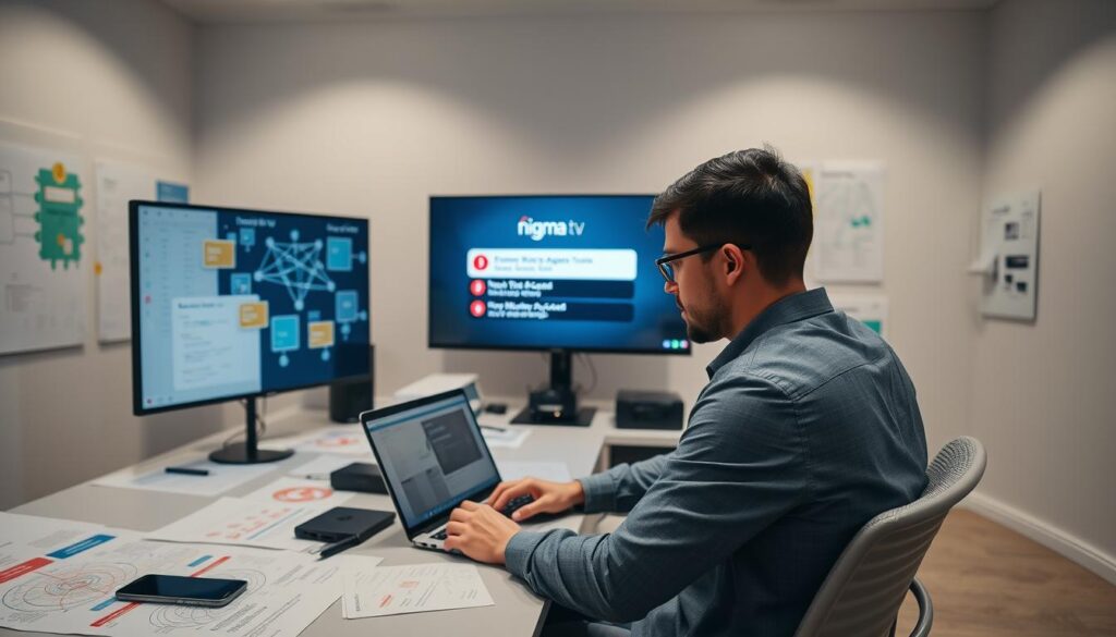 A professional office setting dedicated to troubleshooting IPTV access issues. In the foreground, a focused IT technician in smart, casual attire sits at a modern desk, analyzing data on a laptop. Various colorful network diagrams and flowcharts are spread out around the workspace. In the middle, a large screen displays the "nigma tv" interface with error notifications indicating common access issues. Subtle items like a smartphone and tools for network troubleshooting are placed nearby. In the background, soft lighting illuminates the space, creating a calm yet diligent atmosphere. The angle captures the technician immersed in problem-solving, emphasizing professionalism and determination while effectively illustrating the topic of troubleshooting IPTV access issues.