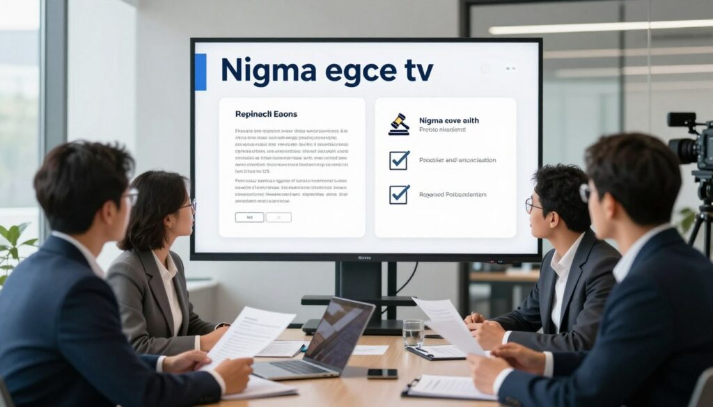 A professional office setting highlighting the legality of IPTV services in the US, with a focus on the brand "Nigma tv". In the foreground, a diverse group of business professionals in formal attire, engaged in discussion, with papers and documents related to IPTV regulations. In the middle ground, a large digital screen displays legal documents and icons symbolizing licensing and compliance, such as gavel and check marks. The background features a modern office with large windows, letting in natural light, creating a clear and inviting atmosphere. Soft, diffused lighting enhances the professionalism of the scene, while a camera angle slightly above eye-level captures the dynamics of the conversation, emphasizing the importance of understanding IPTV legality.