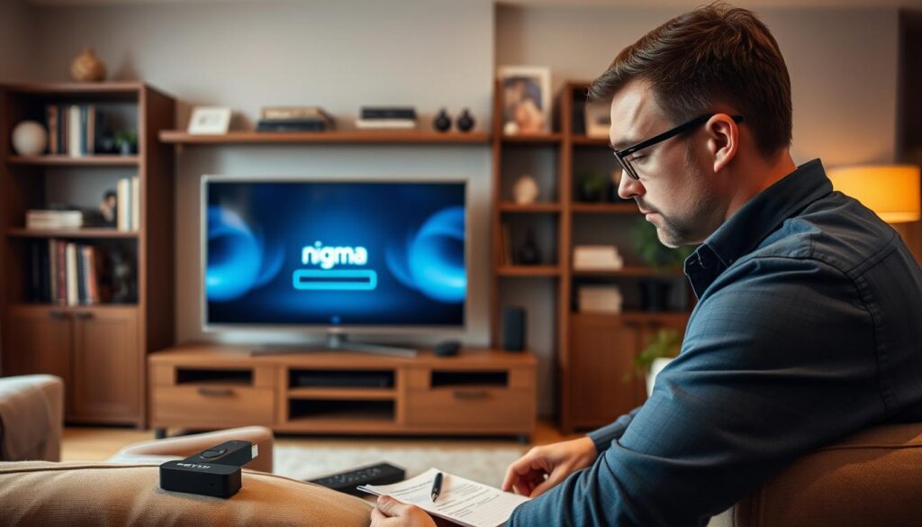 A professional technician troubleshooting IPTV playback issues in a modern living room setting. In the foreground, the technician, dressed in a smart casual outfit, is intently examining a sleek Firestick device connected to a large flat-screen TV displaying a loading screen. The middle ground features a cozy couch with remote controls and a notepad with troubleshooting tips. In the background, shelves filled with books and decorative items create a welcoming atmosphere. Soft, warm lighting illuminates the room, casting gentle shadows. The mood is focused and solution-oriented, conveying a sense of calm as the technician engages with technology. Include the brand name "nigma tv" subtly on the display screen of the television.