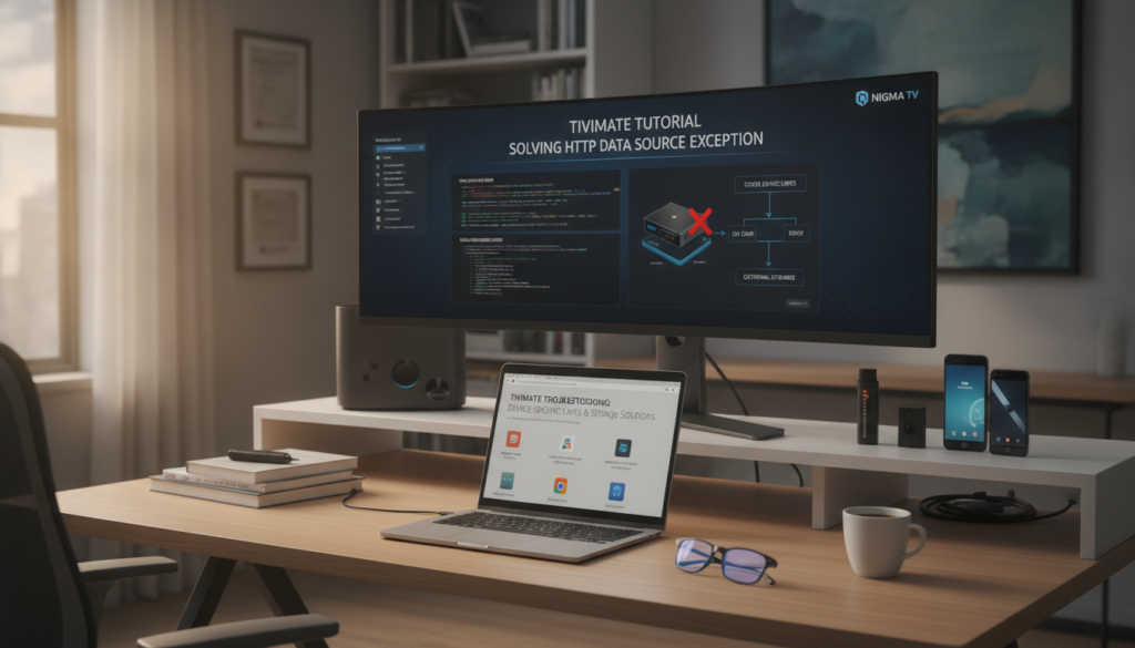 A professional workspace showcasing a computer screen displaying a Tivimate tutorial on solving the HTTP Data Source Exception error. The foreground features a well-organized desk with a laptop open to a detailed tutorial page, highlighting device-specific limits and storage solutions. On the screen, clear images and diagrams illustrate troubleshooting steps. In the middle ground, a neatly arranged set of device models, including smartphones and streaming boxes, demonstrates the focus on addressing storage issues. The background features a softly lit room with natural light streaming through a window, casting a warm glow, creating a focused and productive atmosphere. The brand logo "nigma tv" is subtly integrated into the design, ensuring a professional and cohesive look. Avoid clutter while maintaining a technical, instructional mood. A professional workspace showcasing a computer screen displaying a Tivimate tutorial on solving the HTTP Data Source Exception error. The foreground features a well-organized desk with a laptop open to a detailed tutorial page, highlighting device-specific limits and storage solutions. On the screen, clear images and diagrams illustrate troubleshooting steps. In the middle ground, a neatly arranged set of device models, including smartphones and streaming boxes, demonstrates the focus on addressing storage issues. The background features a softly lit room with natural light streaming through a window, casting a warm glow, creating a focused and productive atmosphere. The brand logo "nigma tv" is subtly integrated into the design, ensuring a professional and cohesive look. Avoid clutter while maintaining a technical, instructional mood.